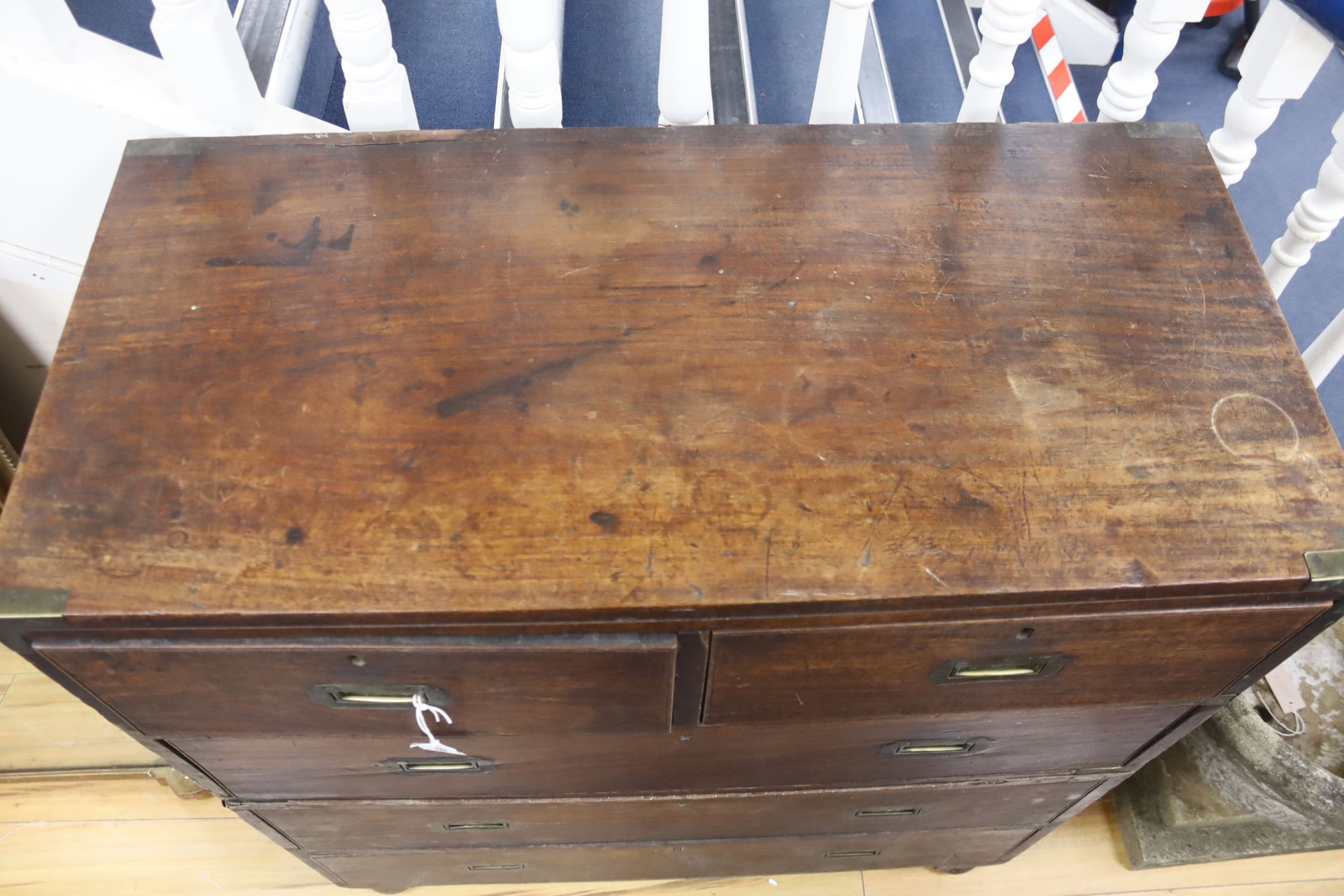 A mid 19th century Indian rosewood brass mounted two part military chest, width 91cm, depth 43cm, height 104cm